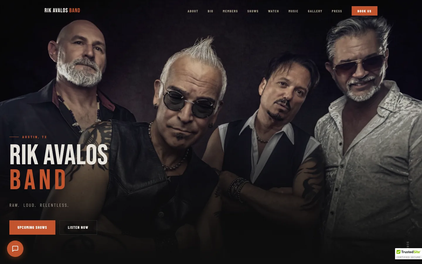 The Rik Avalos Band home page on a desktop browser: the four band members and the band name